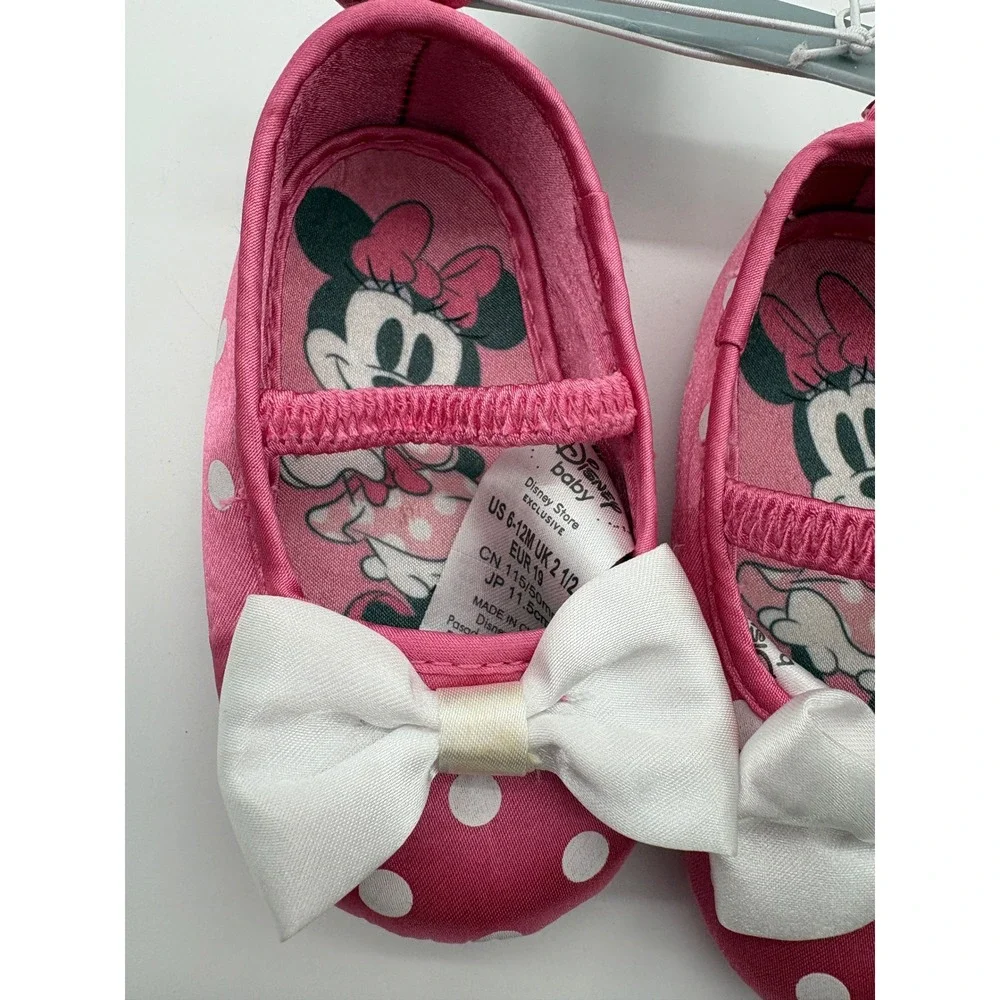 Disney Baby Minnie Mouse Shoes 6-12M Pink Polka Dot Bow Crib Shoes NWT NOS